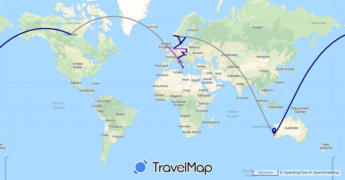 TravelMap itinerary: driving, plane, train in Austria, Australia, Canada, Czech Republic, Germany, Denmark, United Kingdom, Hungary, Italy, Netherlands, Norway, Nepal, Poland, Sweden (Asia, Europe, North America, Oceania)